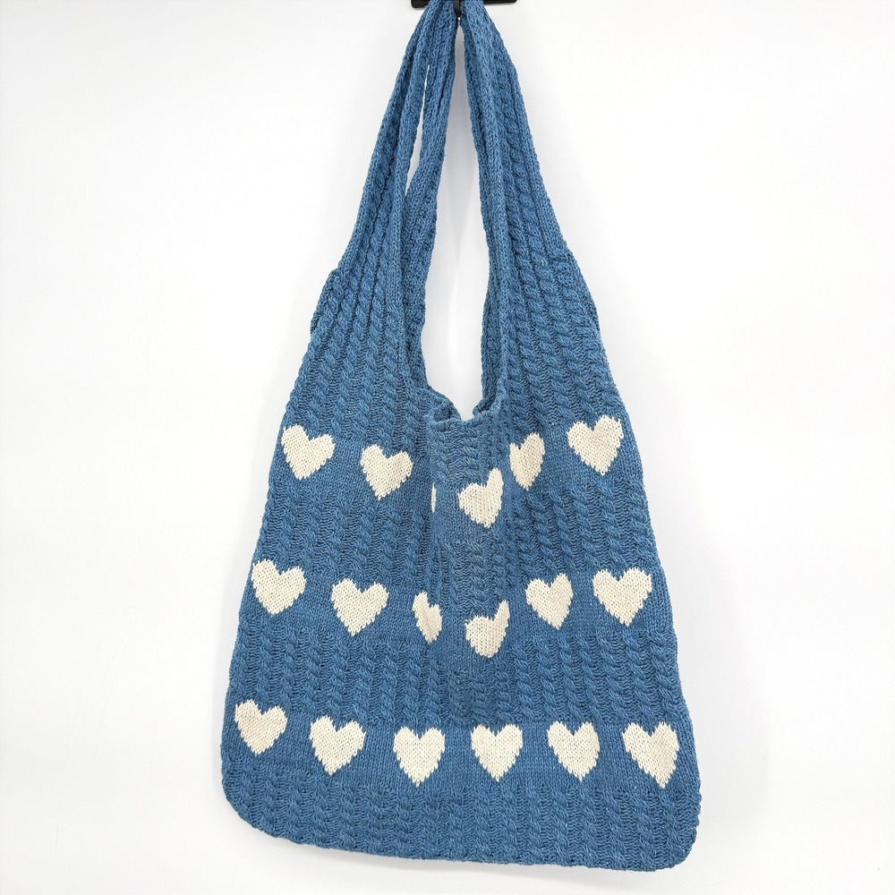 Handmade Knit Heart Pattern Tote Bag Crochet Cable Stitch Slouchy Shoulder Purse